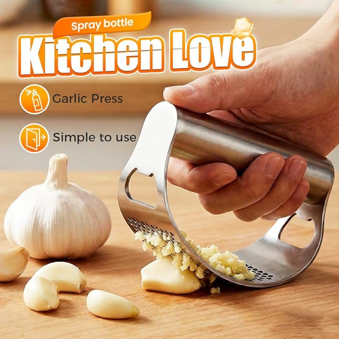 Kruggo Garlic Press Rocker, Stainless Steel Garlic Crusher, Mincer and Chopper with Peeler and Cleaning Brush, Comfortable Grip & Effortless Smashing, Essential Kitchen Tools (Crusher+Peeler- 2PCS)