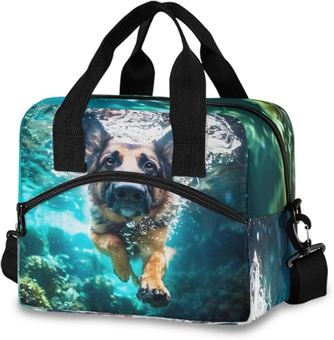 ALAZA German Shepherd Dog Swimming Underwater Lunch Box for Men Women Adults Insulated Lunch Bag Cooler Bag with Adjustable Shoulder Strap for Work Picnic Travel