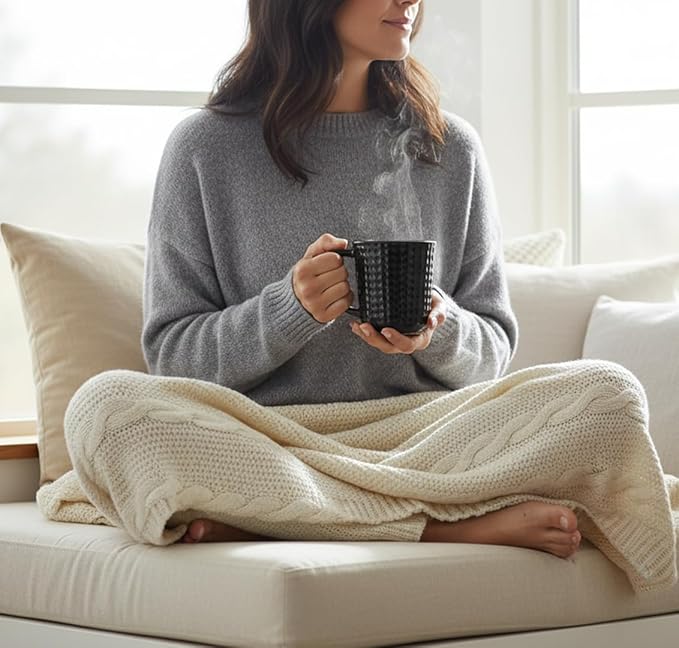 Ceramic Coffee Mugs Set of 4, 14oz Black Coffee Cups with Embossed Grid Texture, Coffee Mug for Latte Cappuccino Tea Cocoa, Dishwasher & Microwave Safe, Ideal Mother's Day & Housewarming Gift
