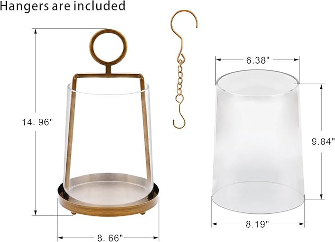 9" Wide Modern Farmhouse Metal Hurricane Candle Holder with Handmade Sturdy Glass Sleeve in Vintage Brass for Pillar Candle & Plants, Glass Hurricane Lantern, Industrial, Minimalistic