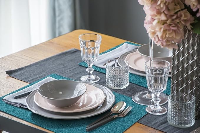 homing Faux Cotton Linen Placemats Set of 8, Cloth Washable Farmhouse Dining Table Mats for Indoors & Outdoors, Easy to Clean, Teal, 13 x 19 Inch