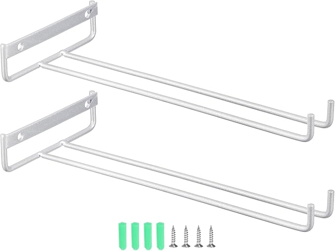 uxcell 2Pcs Wine Glass Rack, 10.43 Inch Iron Wine Glasses Rack Under Cabinet Stemware Rack - Wall Mountable Wine Glass Holder Storage Hanger for Bars Coffee Restaurants Kitchens, Silver
