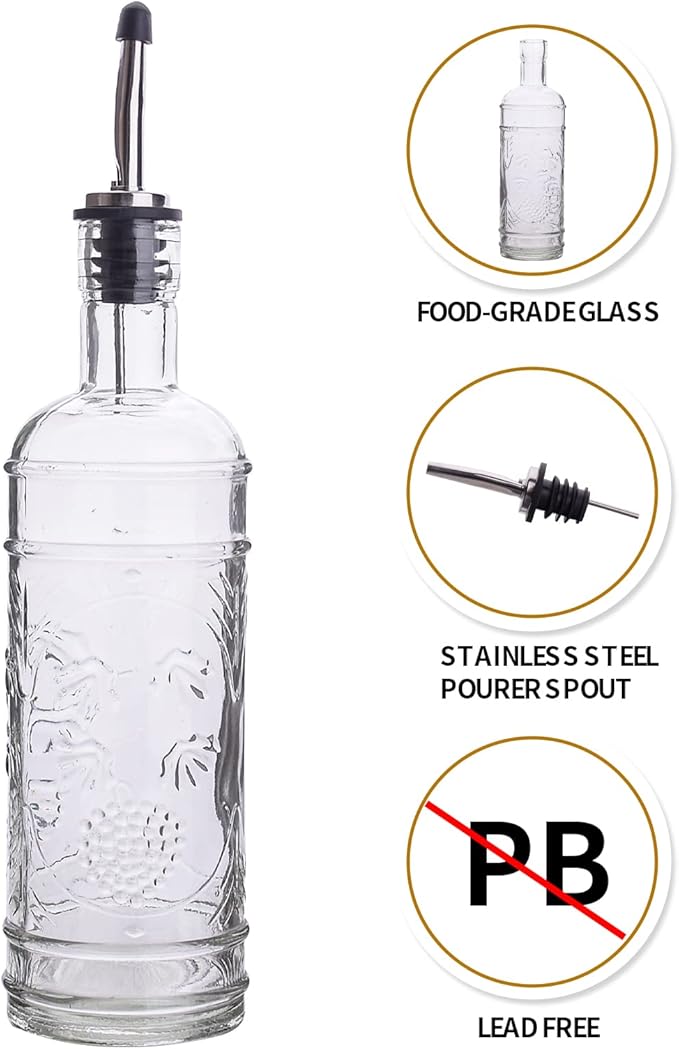eleganttime 2 Pack Glass Oil and Vinegar Dispenser Set 16oz, Superior Leakproof Olive Oil Dispenser Bottle Strong with Cork for Kitchen Cooking, with Stainless Steel Spout and Silica Gel Funnel