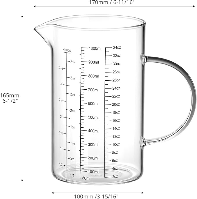 QWORK 34OZ/1000ML Glass Measuring Cup (Ml/Oz/Cup), 4 Cups Multi-Purpose Kitchen Tool with V-Shaped Spout & Handle