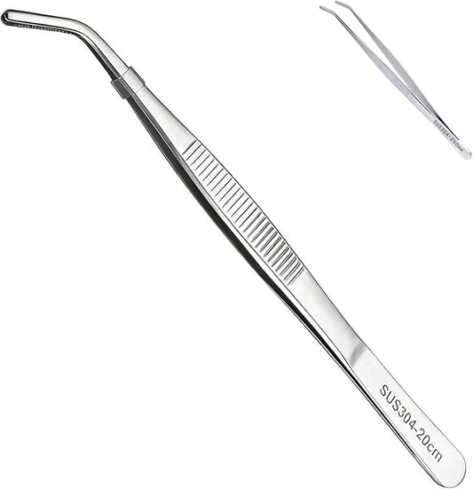 8In SUS304 Bent Tweezers Tongs, Stainless Steel Cooking Tweezers Dishwasher Safe for Grilling, Baking (8In SUS304 Bent Tweezers)