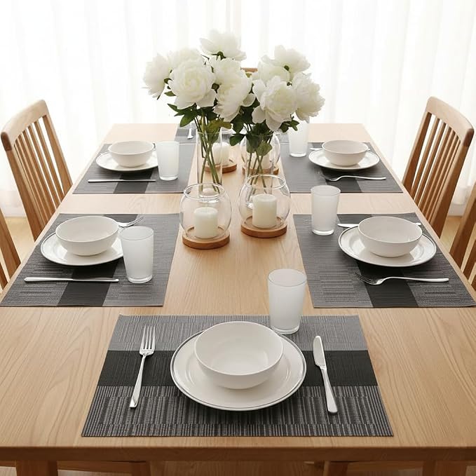 Wipeable PVC Vinyl Woven Table Placemat,Set of 6,Heat-Resistant Dining Mats for Kitchen, Indoor Outdoor Use,12×17 Inch,Silver Gray Gradient