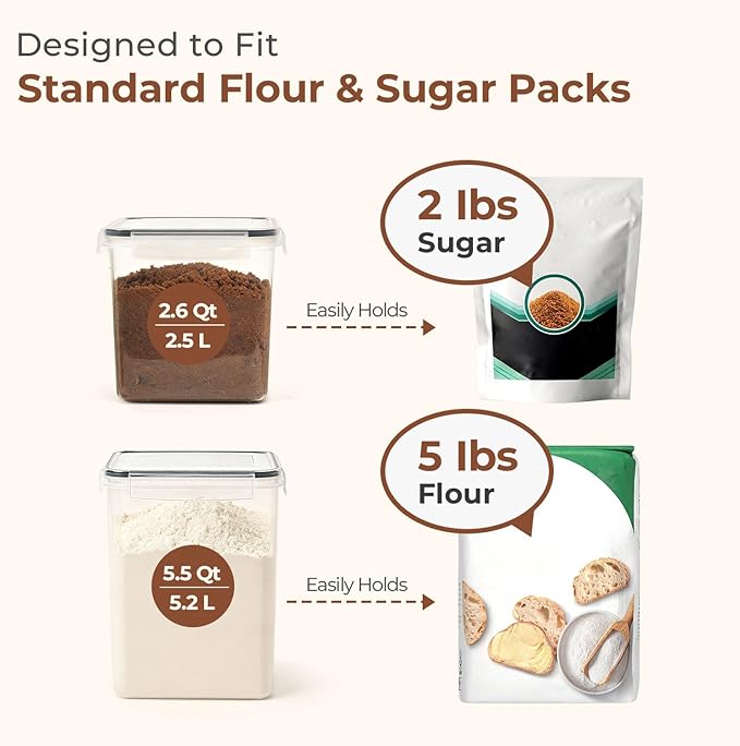 3 PCS Airtight Flour and Sugar Container for Pantry - 5lb Flour Capacity - 7.1 Inch Extra Wide Mouth Square Pantry Storage - Set of 3 (5.2L/5.5Qt) (2.5L/2.6Qt*2) - Stackable Baking Supplies Organizer