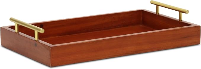 Coran Wooden Rectangle Tray | Gold Metal Handles | 6097BR