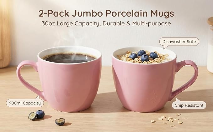 MECOWON 30 OZ Porcelain Coffee Mugs, Set of 2 Large Mugs for Soup, Cereal and Salad (pink)
