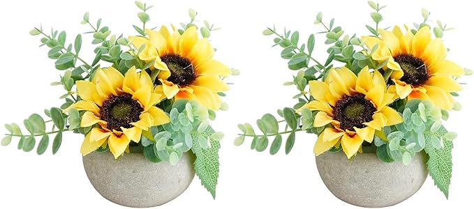 Rose in Pot Decor Potted Artificial Flowers Mini Plants Faux Flowers Indoor Small Decor Fake Roses for Home, Bathroom, Kitchen, Offices, Wedding Party Centerpieces (2pcs Yellow)