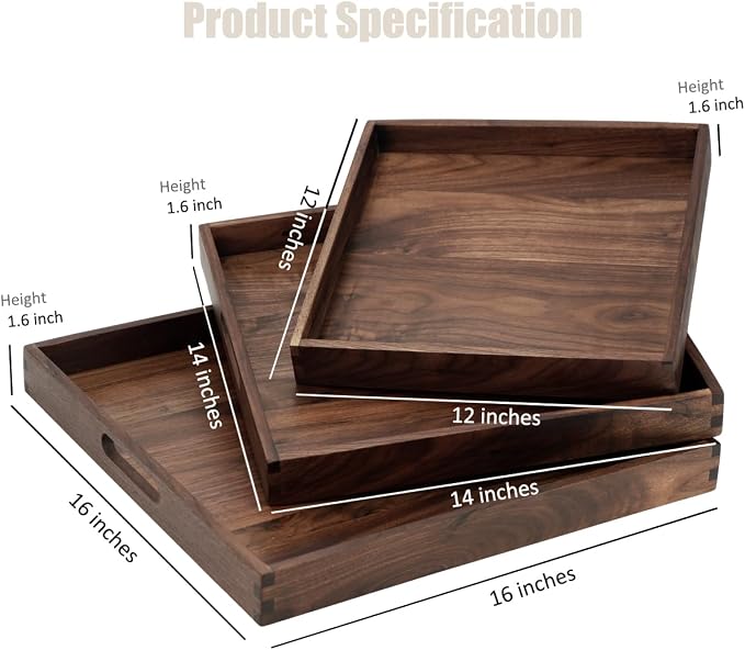 Set of 3 Large Square Solid Black Walnut Wood Ottoman Tray with Handles, Serve Tea, Coffee, Classic Wooden Decorative Serving Tray, 16+14+12