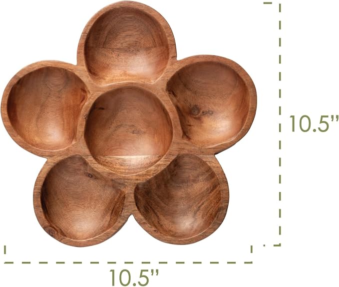 Karma, Acacia Wood Shaped Serving Bowl, Shaped Wooden Compartment Divided, Wood Accent-Plates Divided Dessert Dish Serving Trays Platters, Flower