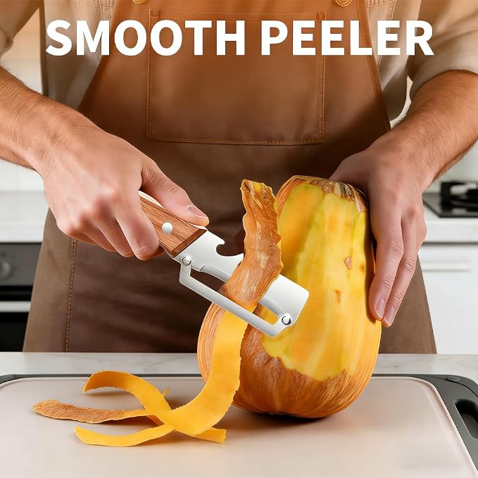 Multi-Functional Vegetable Peeler fo Kitchen: 2 in 1 Stainless Steel Peeler with Wooden Handle and Bottle Opener - Peelers for Potato Pumpkin Papaya Zucchini (2 pcs)