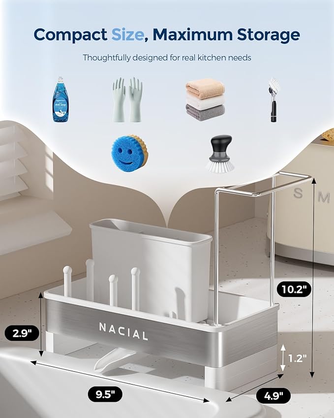 Nacial Sponge Holder for Kitchen Sink, Sink Caddy Organizer with High Brush Holder & Two Towel Racks - Rustproof 304 Stainless Steel Kitchen Countertop Storage Essentials - White