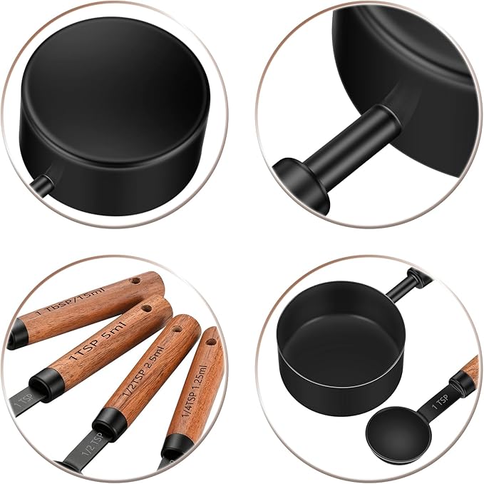 Wooden Handle Measuring Cups & Spoons Set 8-Piece – Stainless Steel, Stackable, Rustic Farmhouse Kitchen Gadgets, Non-Toxic, Dishwasher Safe, Gift for Bakers & New Homeowners