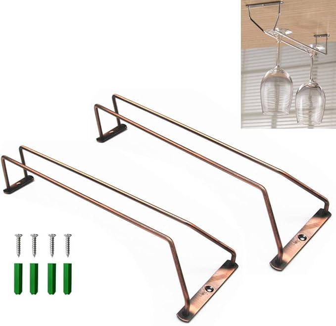 Stemware Wine Glass Hanging Rack Under Cabinet Kitchen Bar Storage Wine Glass Rack Holds up to 8-10 Wine Glass, 13.4 Inch Set of 2, Bronze