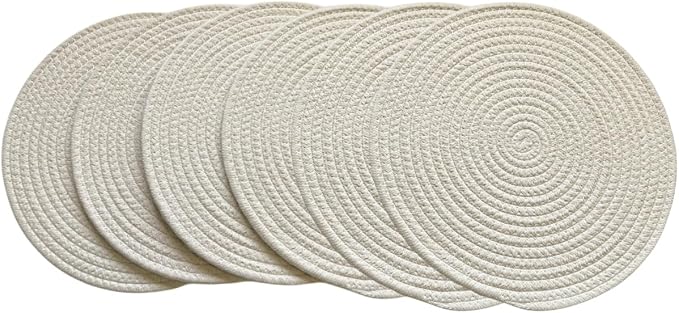 WAZAIGUR Round Placemats Washable Thick Cotton Absorbent 13 inch Round Table Mats for Kitchen Dining Table Set of 6 Round Woven Fabric Indoor/Outdoor Place Mats (Cream, 6)