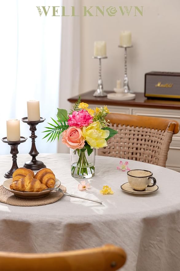 WELL KNOWN Artificial Flowers in Glass Vase, Spring Flowers Silk Rose Peony Bouquet for Home Dining Table, Office, Hotel, Wedding, Party, Lavatory Decor & Birthday Gift (Hot Pink, Coral & Yellow)