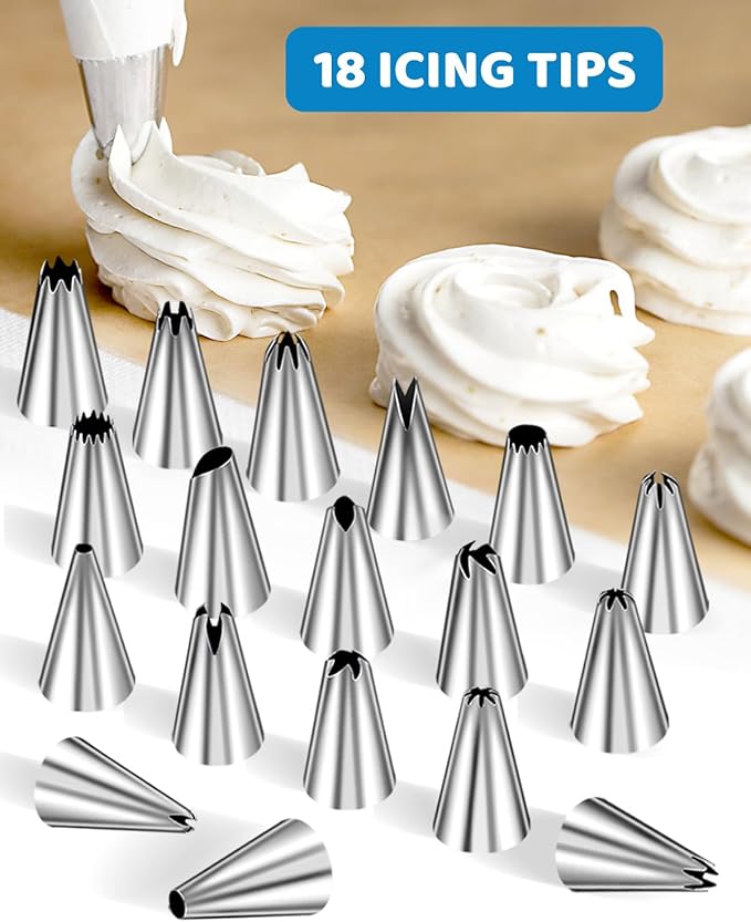 130 Pcs Piping Bags and Tips Set, Cakes Decorating Kit Supplies with 100 Pcs 12 Inch Piping Bags, 1 Reusable Pastry Bags, 18 Tips, 2 Couplers, 2 Bags Ties, 3 Clips, 1 Scriber Needle, 3 Cake Scraper