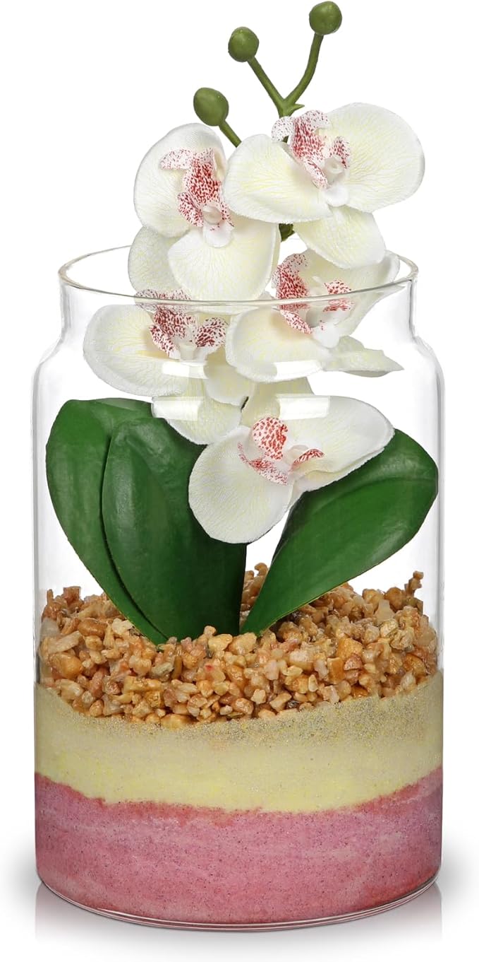White Orchids Artificial Flowers with Vase, Small Faux Orchid Arrangement Fake Orchids Plant in Terrarium Jar Small White Orchid Centerpieces for Kitchen Dining Room Tables Bathroom Nightstand Decor