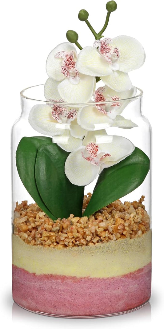 White Orchids Artificial Flowers with Vase, Small Faux Orchid Arrangement Fake Orchids Plant in Terrarium Jar Small White Orchid Centerpieces for Kitchen Dining Room Tables Bathroom Nightstand Decor