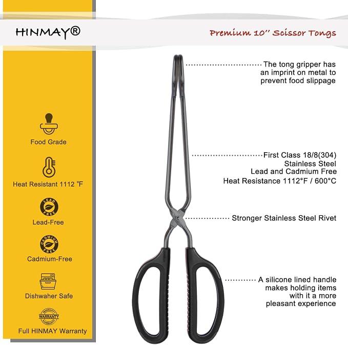 HINMAY 10" Stainless Steel Scissor Tongs with Comfort-Grip Handle (Black)
