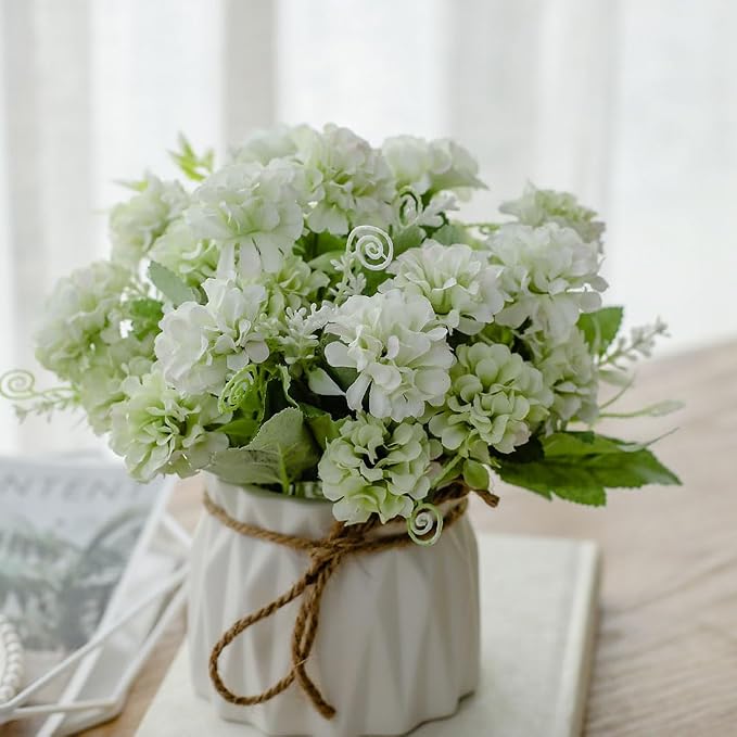 TKAS Fake Flowers Arrangement in Ceramic Vase, Artificial Faux Silk Hydrangea, Small Realistic Dried-Style Floral, Dining Table Centerpiece for Wedding Party Home Decoration (Green)