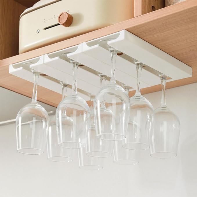Under Shelf Wine Glass Rack, 4 Pack Stemware Holder - Punch-free Cabinet Glass Storage Hanger, Plastic Organizer (Classic White)
