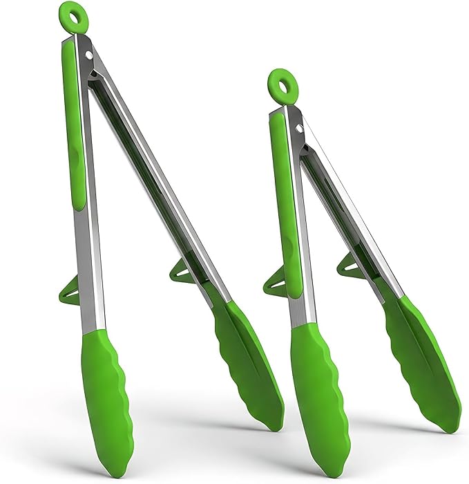 Kitchen Tongs Set of 2 (9” & 12”) – Stainless Steel & Silicone Cooking Tongs with Built-in Stand & Dishwasher Safe – Heat Resistant up to 600°F – Perfect for Grilling, BBQ, Salad & Frying