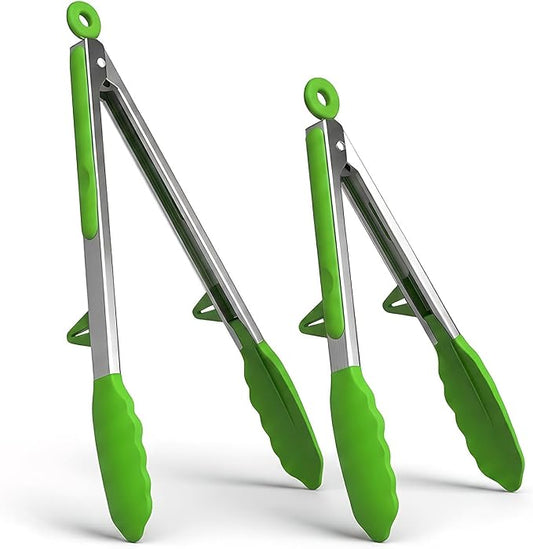 Kitchen Tongs Set of 2 (9” & 12”) – Stainless Steel & Silicone Cooking Tongs with Built-in Stand & Dishwasher Safe – Heat Resistant up to 600°F – Perfect for Grilling, BBQ, Salad & Frying