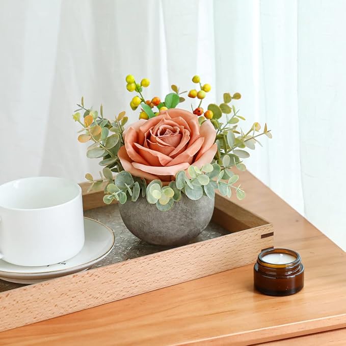 Small Artificial Orange Rose Potted Plant, 6" Fake Silk Flowers in 3.5" Round Pot, Mini Faux Floral Arrangement for Desk Shelf Bathroom Decor