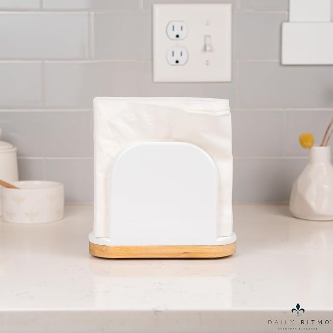 DAILY RITMO® White Standing Napkin Holder with Bamboo Bottom | Extended Weighted Base Vertical Design for Large Disposable Guest Towels & Paper Napkins | Modern Ceramic-Like Resin