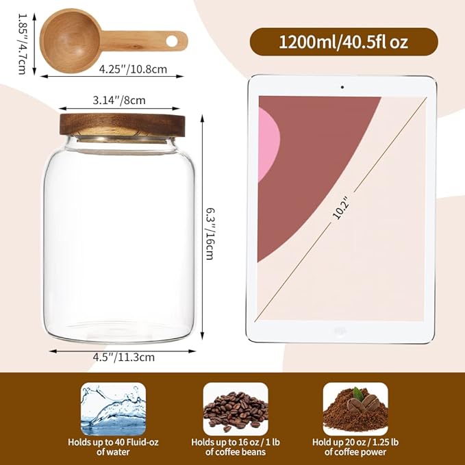 Glass Coffee Storage Jar with Lids Spoon Kitchen Borosilicate Glass Food Canister Containers for Sugar Ground Flours Coffee Beans Nut Pasta Spice Rice Loose Tea