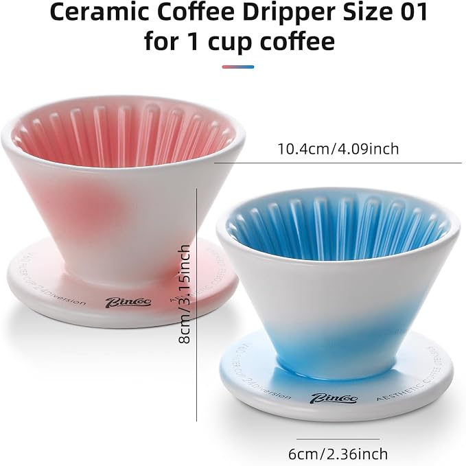 Bincoo Ceramic Coffee Dripper Vertical Lines,Pour Over Coffee Maker Size 01,Manual Pour Over Brew Maker,Single Cups Slow Brewing Accessories (Pink)