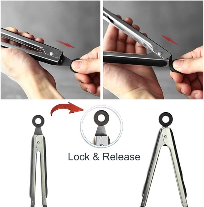 2 Pack Stainless Steel Silicone Cooking & Serving Tongs, 7 & 9 Inch, Black, Locking Handle, Heat Resistant, Dishwasher Safe