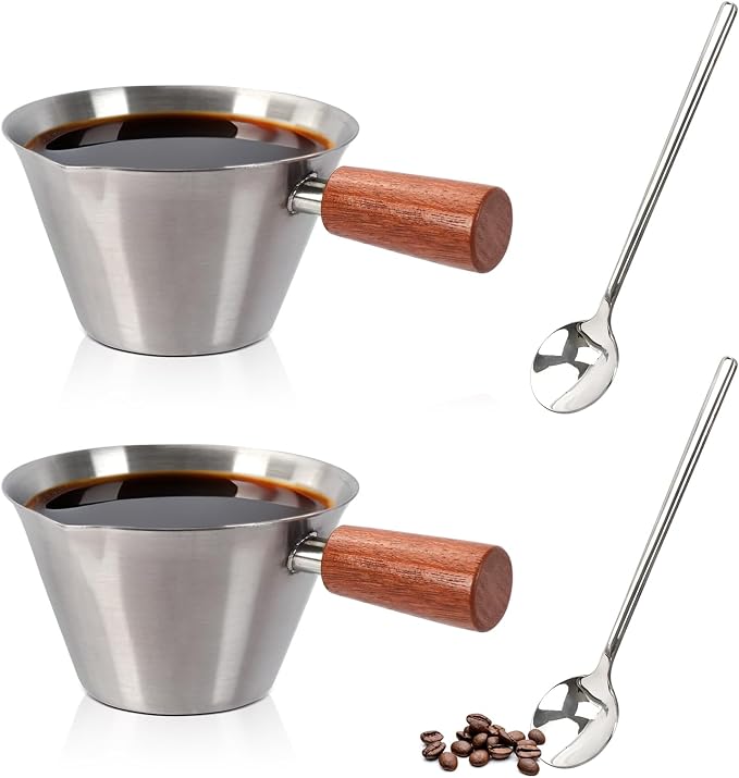 2Pcs Espresso Measuring Cup, 3.4 oz/100 ml Stainless Steel Espresso Cups, Double Spout Pour Spout Coffee Mug with Handle Scale for Coffee, Latte Art and Kitchen