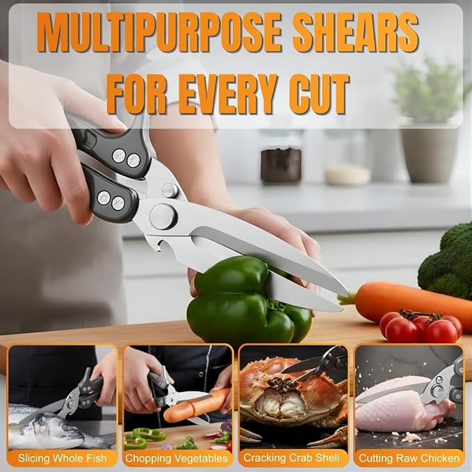Poultry Shears Heavy Duty Professional, Turkey Shears for Chicken & Bone Cutting, Meat Cutting Scissors, Spring-Loaded Multi-purpose Kitchen Scissors, Dishwasher Safe, Non-Slip Handle, Silver