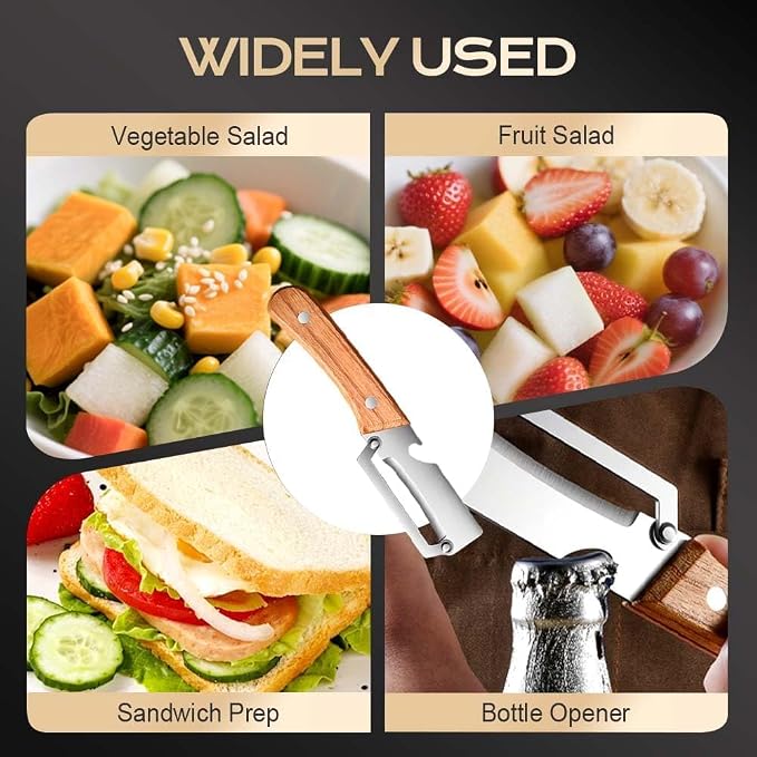 Multifunctional Stainless Steel Vegetable Peeler with Wooden Handle, Julienne Cutter & Bottle Opener for Potato, Apple, Carrot, Fruit and Veggie Prep (Brown)