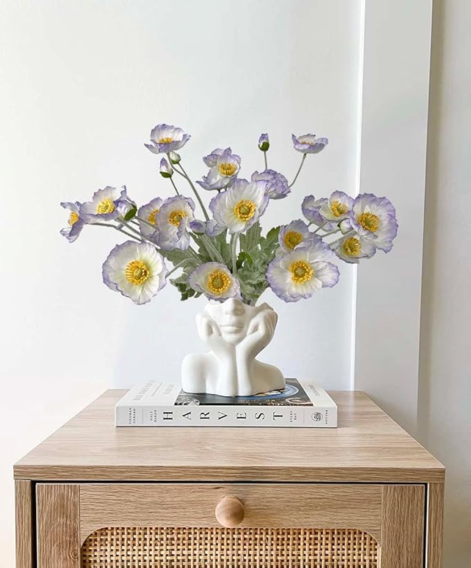 Set of 6 Poppies Flowers Artificial Silk Flowers with Long Stems Faux Wildflowers Bouquet for Vases Oil Pastel Style for Wedding Party Indoor Home Office Decor (Light Purple Blue)