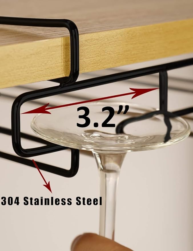 Wine Glass Holder - Stemware Rack Under Cabinet - Hanger Storage Shelf, Fit for The Cabinet 0.8“ or Less (black, 2 Rows)