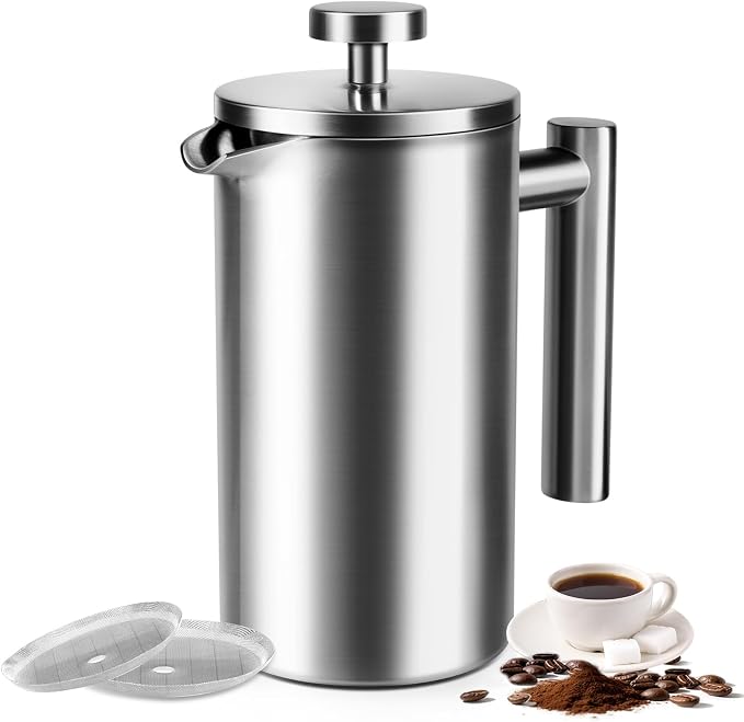 French Press 24 oz, Premium Stainless Steel French Press Coffee Maker 2 cup | Double Wall Insulated French Coffee Presses, 304 Food Grade Stainless Body, Ideal for Camping Travel Home, No Plastic