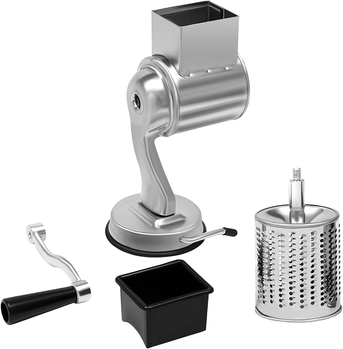Rotary Vegetable and Fruit Cutter, Cheese Grater Hand Drum Slicer, Stainless Steel Multi-Functional Vegetable Cutting Drum with Suction Cup, Interchangeable Blade for Commercial or Home Use