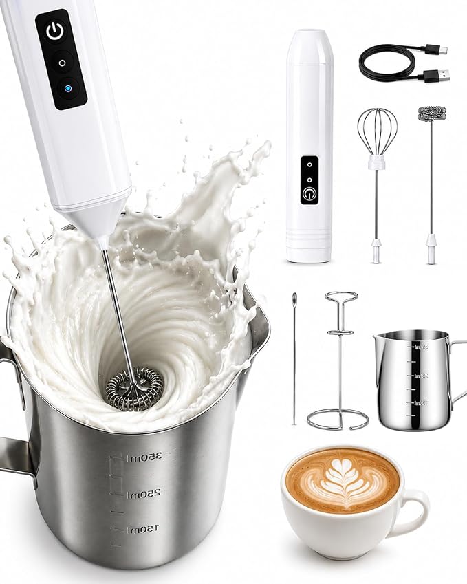 Electric Coffee Frother Handheld, USB Rechargeable Coffee Mixer Wand with Stand and 350ml Milk Frother Cup, Whisk Set for Latte Art, Cappuccino, Espresso