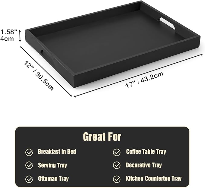 17 Inch Wood Serving Tray with Handles - Large Wooden Tray for Ottoman, Breakfast in Bed, Dinner, Coffee Table - Black Rectangular Tray for Living Room Bedroom Entryway and Kitchen