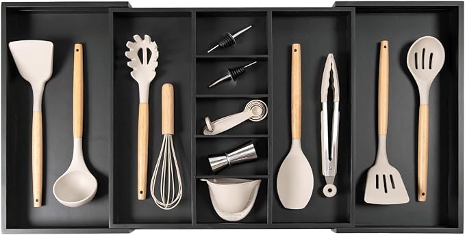 KitchenEdge Adjustable Kitchen Drawer Organizer for Utensils and Junk, Food-Safe Contract Grade with 100% Sustainable Wood, Expandable from 19 to 33 Inches Wide - Black Bamboo