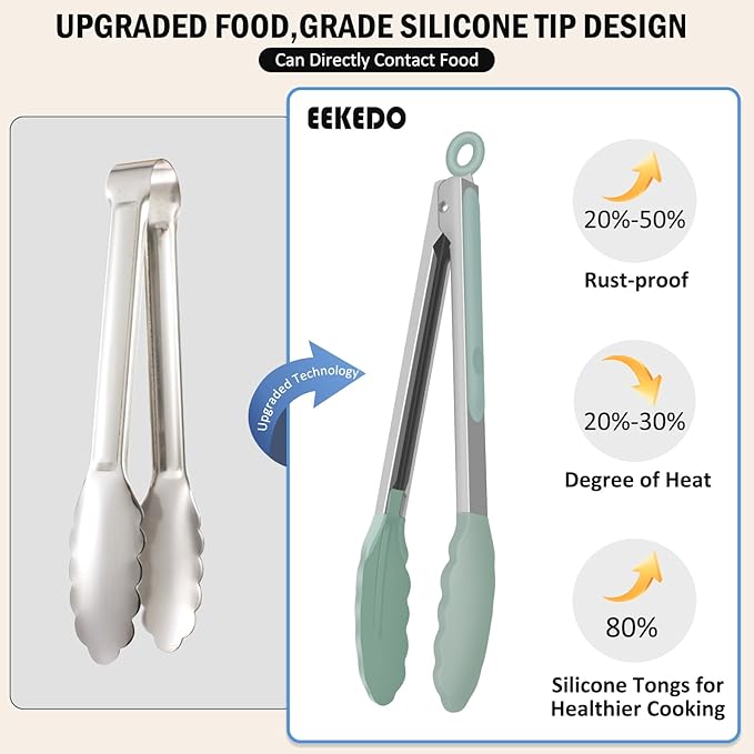 Tongs for Cooking, 600ºF High Heat-Resistant Stainless Steel Kitchen Tongs with Silicone Tips, Non Scratch, Locking Tong for BBQ Grilling Air Fryer Food Salads, Set of 2 (9" and 12") Sage Green