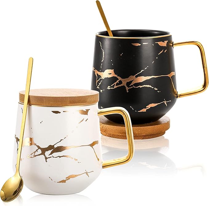 Classic Ceramic Kintsugi Style Coffee Tea Mug with Gold Inlay, Spoon and Bamboo Lid- 12 OZ, Set of 2- Large Mugs, Unique Design, Perfect Novelty Gift- Dishwasher Safe