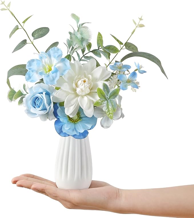Small 11.8" Artificial Flowers in Ceramic Vase - Blue Silk Flower Centerpiece for Dining Table, Office, Wedding & Farmhouse, Home Decor Gifts