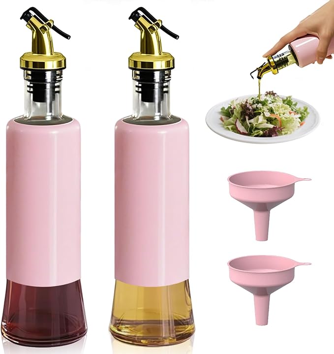 Miao’er Olive Oil Dispenser Bottle for Kitchen Set of 2, Golden Non-Drip & Leakproof Spout, One-handed Hold, With Pink Funnel for Easy Filling, 10OZ/300ML(PINK)