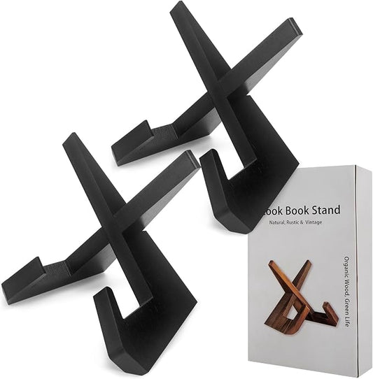 Rustic Cookbook Holder Stand for Kitchen, Recipe Book Holder for Kitchen Counter, Wooden Kitchen Book Holder, Rustic Cook Book Holder with Wooden Grains (2 in Black)